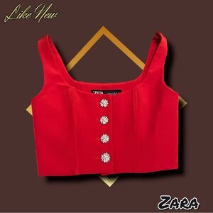 Like New ZARA Red Bustier Top with Rhinestone Buttons - Size Small